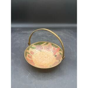 Vintage Indian Brass Painted Small Basket with Floral Design